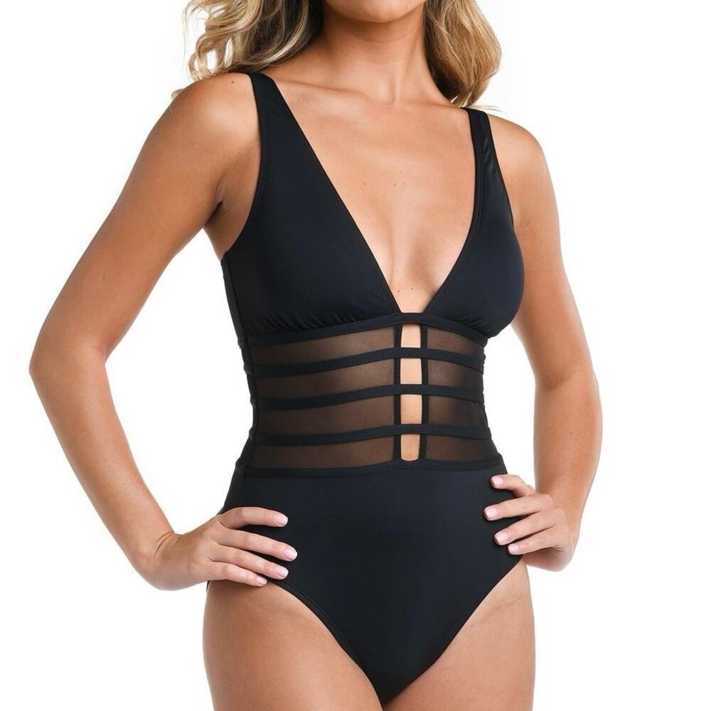 LA BLANCA Island Goddess Over the Shoulder Mesh One Piece Black UPF 50 NWT Sz 14